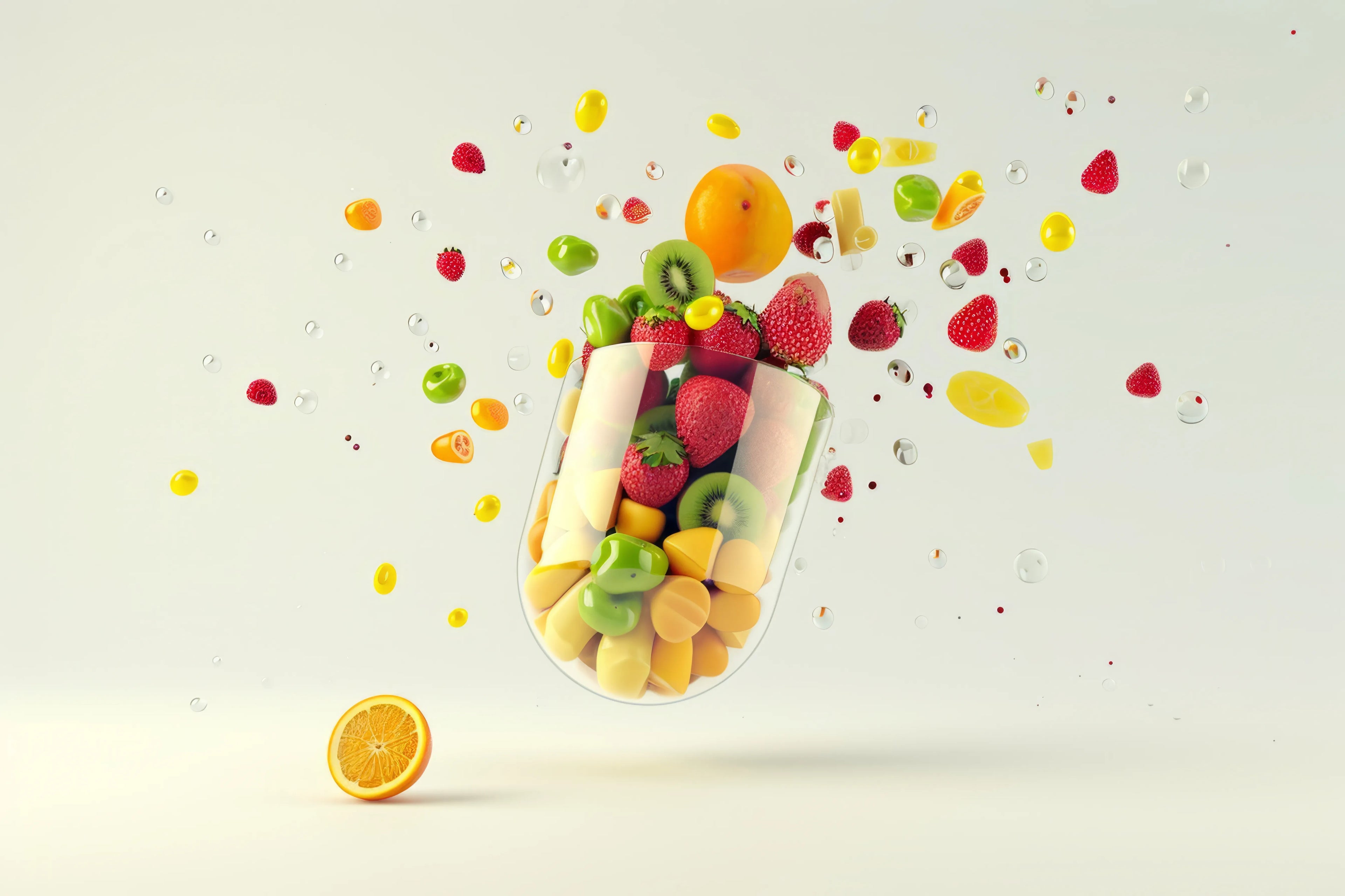 Un frasco de frutas  de varios colores, conteniendo  en una capsula de vitaminas de diferentes formas y colores sobre fondo blanco.